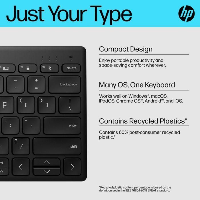 HP 355 Compact Multi Swiss Teclado Inalámbrico Compacto, Conectividad Multipunto para Múltiples Dispositivos, Diseño Ergonómico y Portátil 10