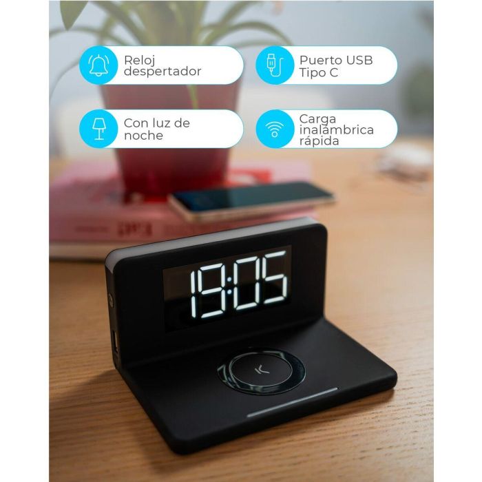 Reloj Despertador con Cargador Inalámbrico KSIX Qi Negro 7