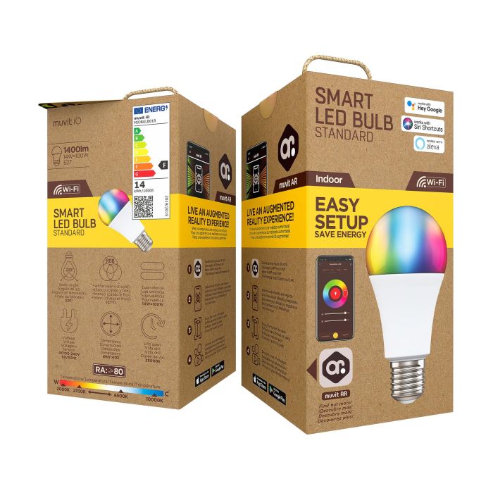 Muvit Bombilla Inteligente Io A65 E27 14W, Multicolor, Control por App y Alexa, WiFi 4 Muvit Bombilla Inteligente Io A65 E27 14W, Multicolor, Control por App y Alexa, WiFi 4