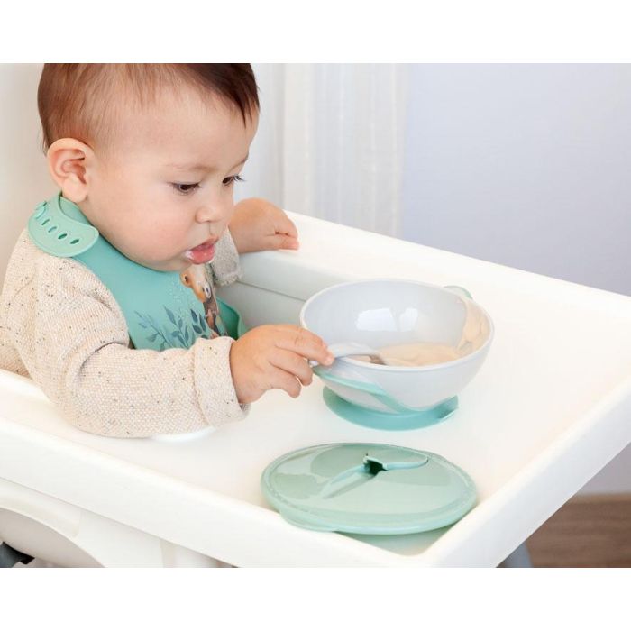KioKids Set Cuenco y Cuchara Sage 300ml Antivuelco con Ventosa y Tapa Hermética para Bebés +6 meses 1