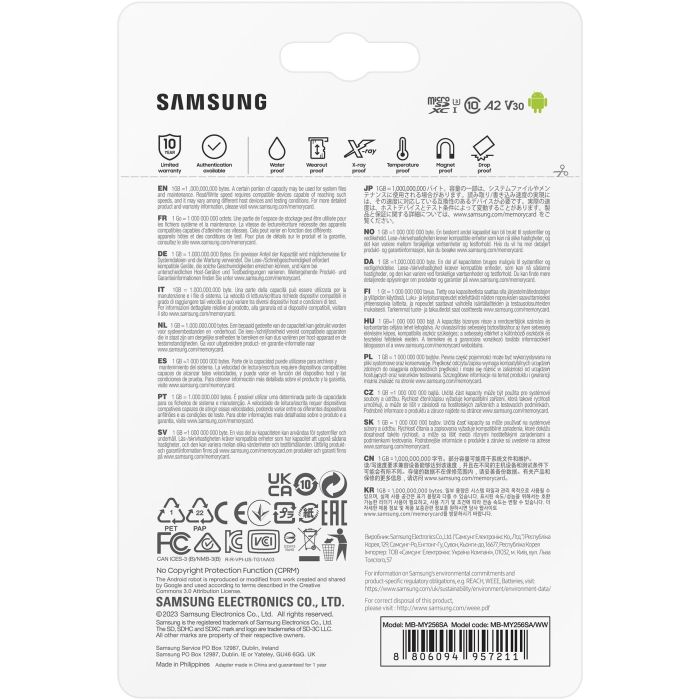 Samsung MB-MY256SA/WW Tarjeta de Memoria microSDXC Pro Ultimate 256GB 200/130MB/s U3 V30 A2 con Adaptador SD 4K UHD 8