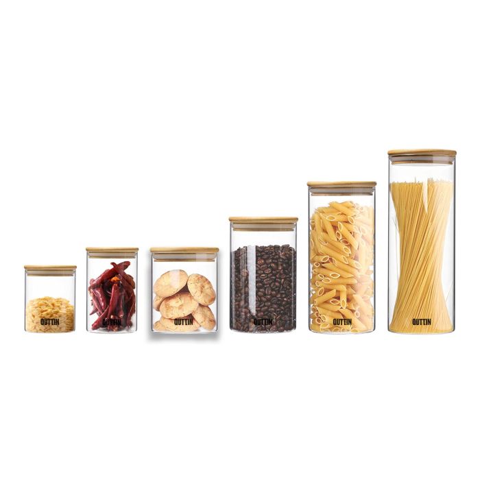 Quttin Tarro de Vidrio Borosilicato con Tapa de Bambú, 600 ml, 9.5 x 11.5 cm - Modelo 696 (12 Unidades)