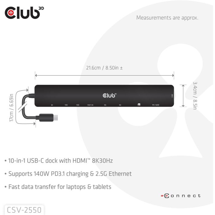 Club3D CSV-2550 Hub USB-C 10 en 1 con HDMI, 3xUSB-C, 3xUSB, LAN, 8K30Hz y Power Delivery 140W 6 Club3D CSV-2550 Hub USB-C 10 en 1 con HDMI, 3xUSB-C, 3xUSB, LAN, 8K30Hz y Power Delivery 140W 6