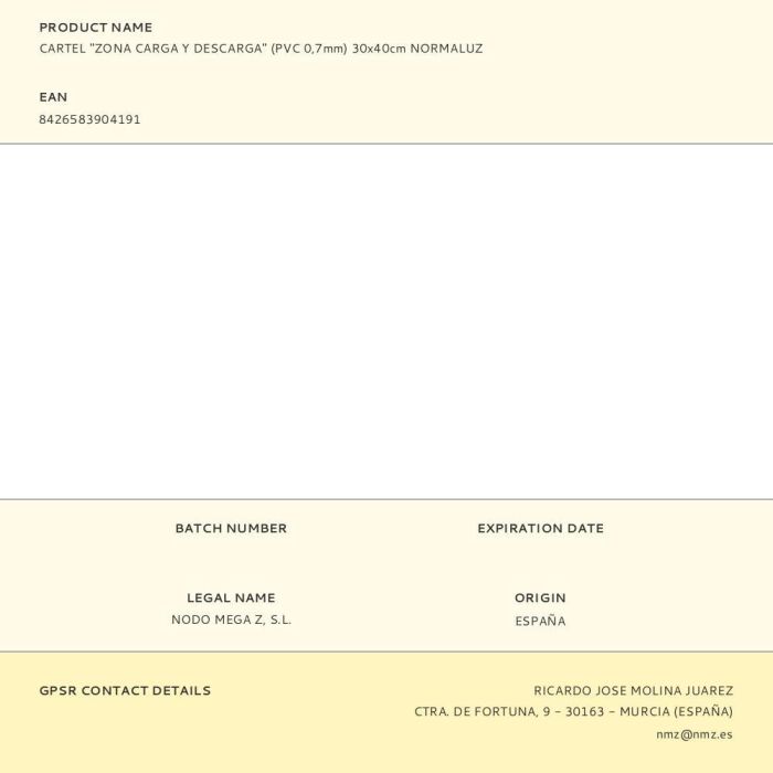 Normaluz Cartel "Zona carga y descarga" PVC 0,7mm 30x40cm - Rótulos informativos para uso profesional y doméstico 1 Normaluz Cartel "Zona carga y descarga" PVC 0,7mm 30x40cm - Rótulos informativos para uso profesional y doméstico 1