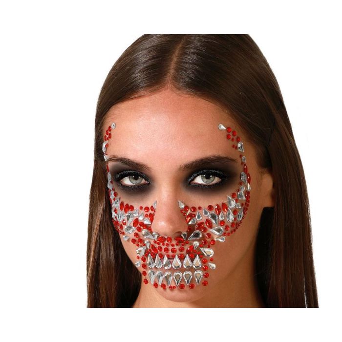 Joyas Faciales Adhesivas Calavera en Rojo y Plata para Disfraces de Demonio, Vampiro, Catrina o Halloween