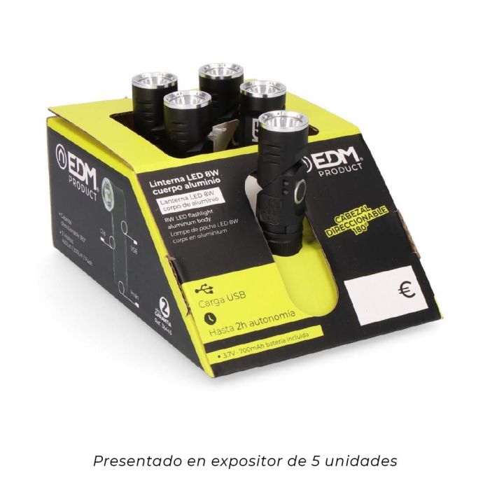 Edm Linterna Mini LED 8W 450lm, Cuerpo Aluminio, Cabezal Direccionable 90°, USB-C Recargable, Base Magnética, IP44 4 Edm Linterna Mini LED 8W 450lm, Cuerpo Aluminio, Cabezal Direccionable 90°, USB-C Recargable, Base Magnética, IP44 4