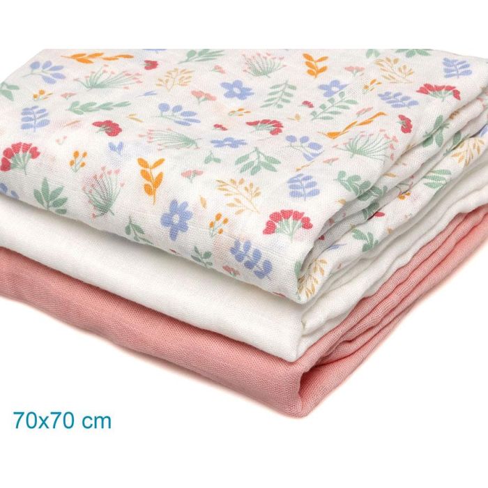 KioKids - Set de 3 Muselinas 70x70 cm en Rosa, Blanco y Flores, Bambú y Algodón, Certificado Oeko-Tex Standard 100