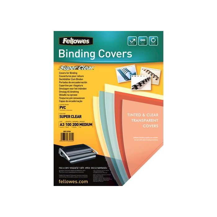 Fellowes Tapas de Encuadernación DIN A3 PVC Transparente Cristal 200 micras, Pack de 100 Láminas Plástico para Espiral/Canutillo