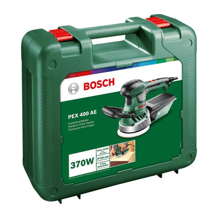 Bosch PEX 400 AE Lijadora Excéntrica/Orbital Profesional, 370W, 4000-26000 OPM, Ø 125mm, Velcro, Incluye Papel de Lija y Maletín - Color Verde