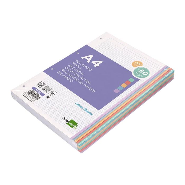 Recambio Liderpapel A4 200+50 Hojas 90 gr-M2 Cuadro 5 mm 4 Taladros Bandas De 5 Colores 4