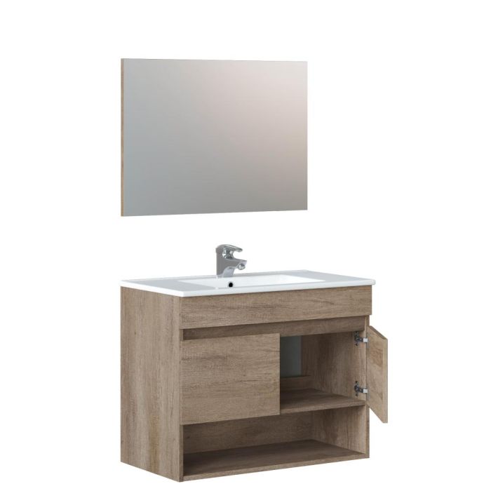 Forés/Arkit Mueble suspendido para baño, 2 puertas + espejo, marrón nordik, melamina y PVC, 80x45x64 cm 3