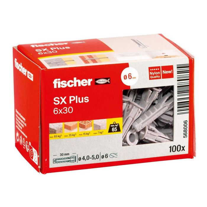 Fischer SX 6x30 Taco Nylon de Expansión para Fijación en Hormigón, Ladrillo y Albañilería - Pack de 100 Unidades Fischer SX 6x30 Taco Nylon de Expansión para Fijación en Hormigón, Ladrillo y Albañilería - Pack de 100 Unidades