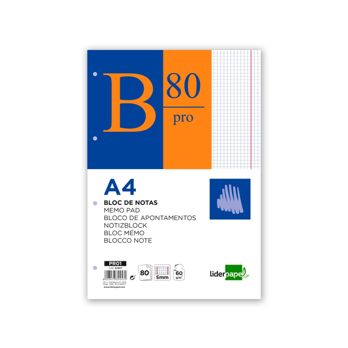 Liderpapel Bloc notas A4 80 hojas cuadro 5mm 60g/m2 encolado 4 taladros doble margen 1