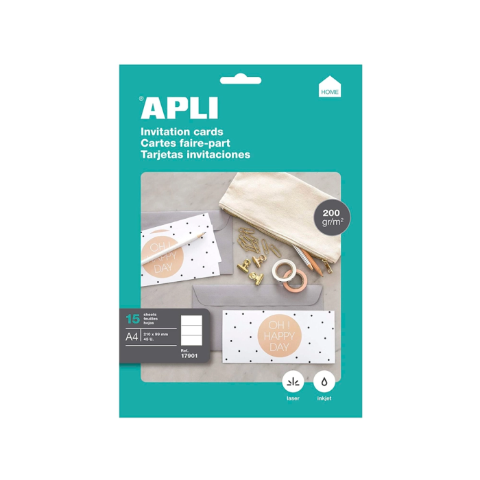 Apli Tarjeta de Visita para Invitación 210x99mm 200gr Blanca Pack 15 Hojas DIN A4 1