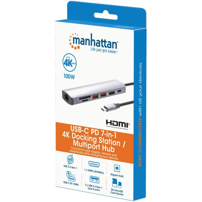 MANHATTAN 153966 Estación de Acoplamiento USB-C 7 en 1 con HDMI 4K, 2x USB 10Gb/s y Power Delivery 100W, Color Plata 8 MANHATTAN 153966 Estación de Acoplamiento USB-C 7 en 1 con HDMI 4K, 2x USB 10Gb/s y Power Delivery 100W, Color Plata 8