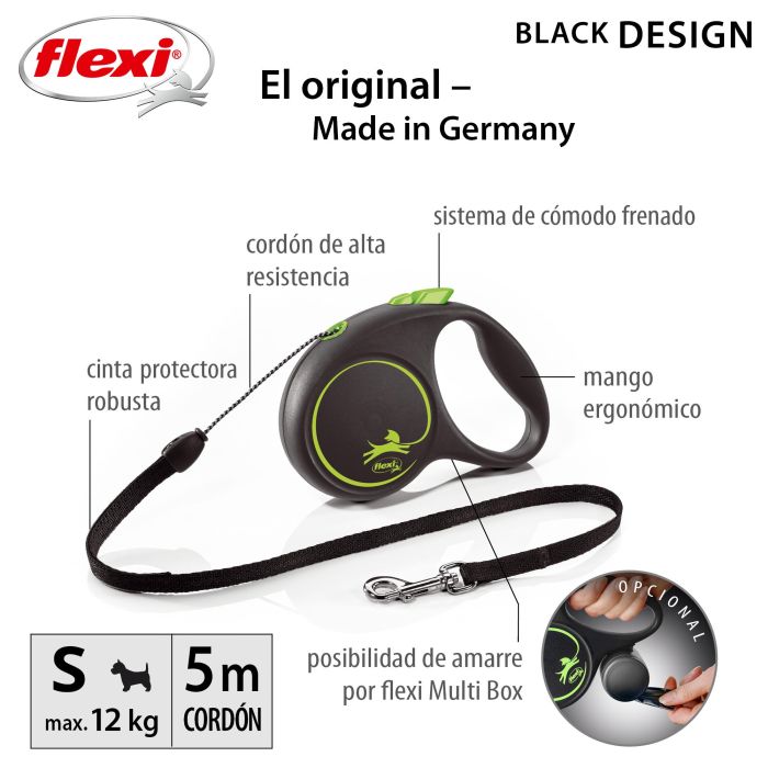 Flexi Correa Retráctil Black Design S Cordón 5m Verde 1