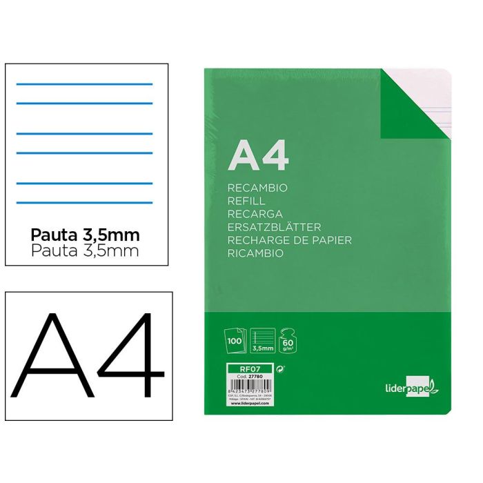 Recambio Liderpapel A4 100 Hojas 60 gr-M2 Pauta 4ª 3.5 mm Con Margen 4 Taladros