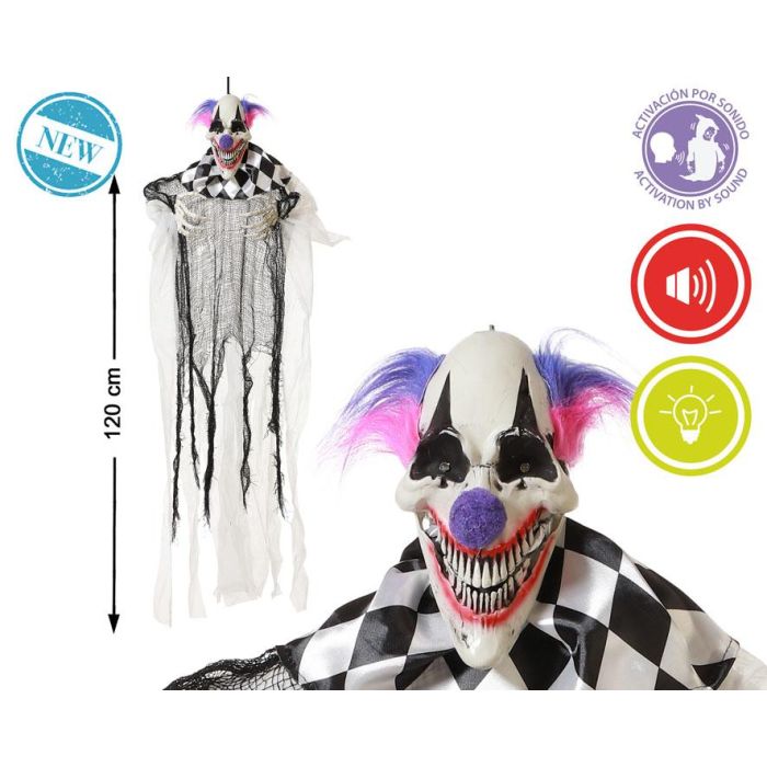 Figura Payaso Colgante Arlequín Con Pelo Lila Y Sonido 120 cm para Fiestas Temáticas y Halloween