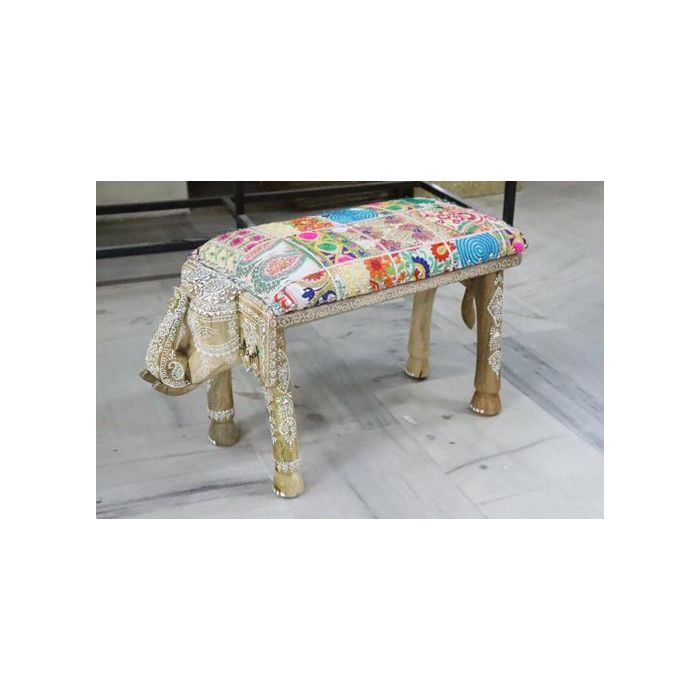 DKD Home Decor Descalzadora de estilo Indio con diseño Elefante, Multicolor, Fabricada en Madera de Mango y Poliéster 31.7x38x65 cm