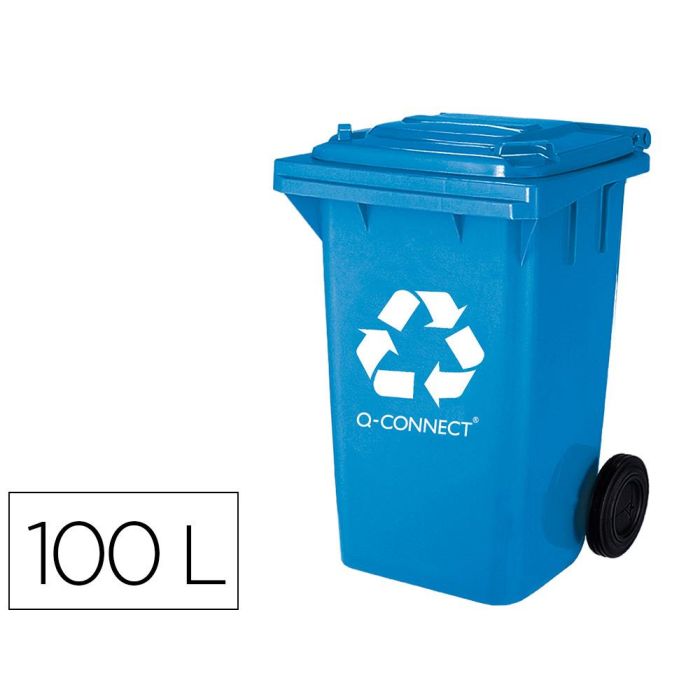 Papelera Contenedor Q-Connect Plastico Azul Para Papel Y Carton 100 L Con Tapa Y Ruedas 750x470x370 mm