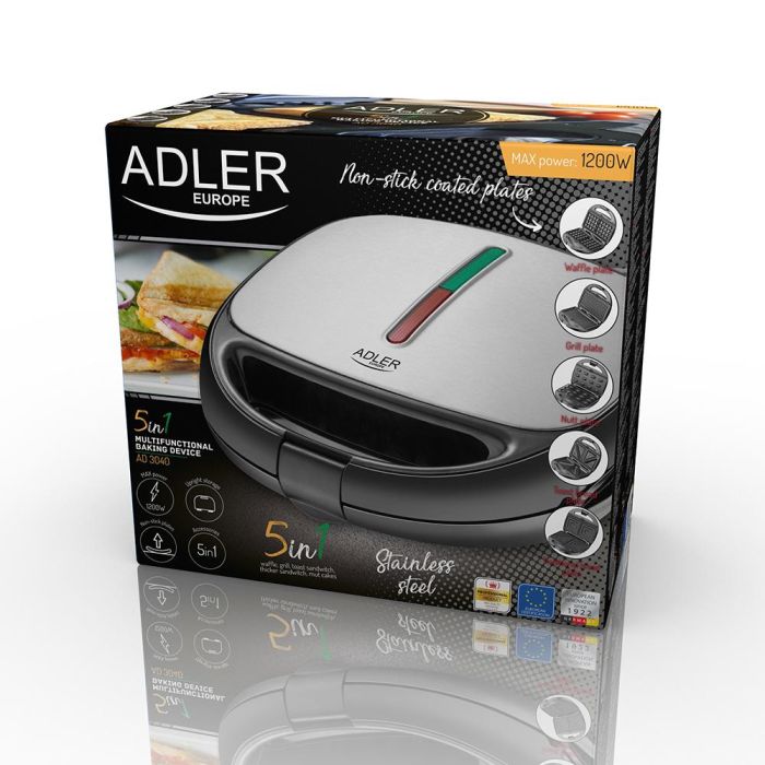 Adler AD3040 Sandwichera multifunción 5 en 1 1200 W con 5 Placas Intercambiables Antiadherentes, Indicadores Luminosos y Protección Contra Sobrecalentamiento 2