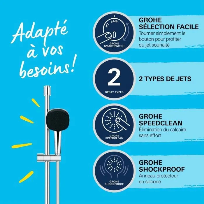 Grohe 26928001 Set de ducha con rociador de 2 chorros, barra y flexo - Fácil selección - Ahorro de agua 1