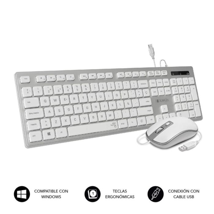 SUBBLIM SUBKBC-CEKE60 Kit Teclado y Ratón con Cable USB Plug&Play Ergonómico Silencioso Universal QWERTY Español 1600 DPI Plata, Blanco SUBBLIM SUBKBC-CEKE60 Kit Teclado y Ratón con Cable USB Plug&Play Ergonómico Silencioso Universal QWERTY Español 1600 DPI Plata, Blanco