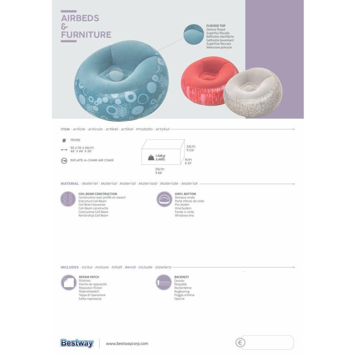 Bestway Sillon Hinchable Gigante Fashion Color Surtido 112x112x66 cm Interior 75052 17