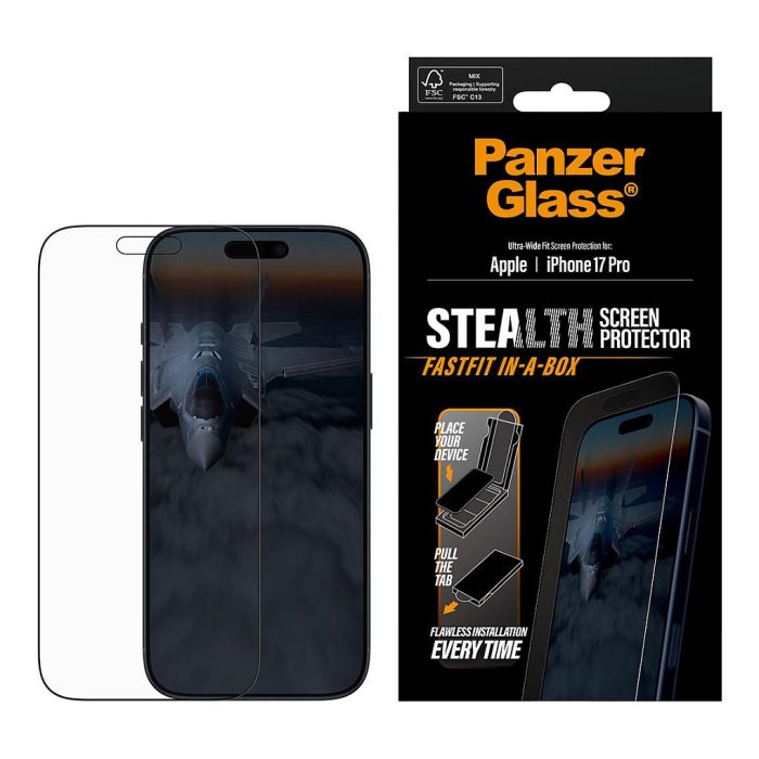PanzerGlass Protector de Pantalla Stealth iPhone 17 Pro con Marco Negro Ultra-Wide Fit | Vidrio Templado Resistente a Golpes y Rayones