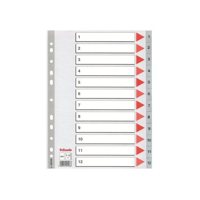Esselte Índice Numérico Multitaladro 1-12 Polipropileno A4 gris con Carátula Índice Cartón Color