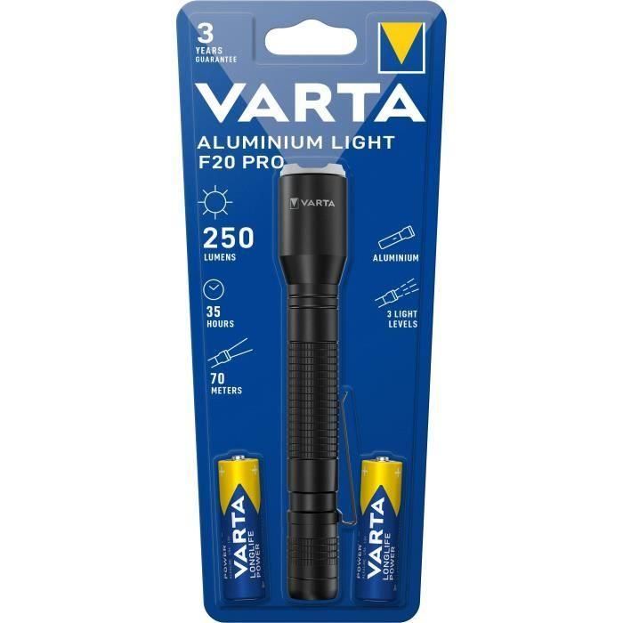 Linterna- VARTA-Aluminio Light F20 Pro-250lm-LED de alto rendimiento-3 modos de iluminación-clip de bolsillo-2 pilas AA incluidas Linterna- VARTA-Aluminio Light F20 Pro-250lm-LED de alto rendimiento-3 modos de iluminación-clip de bolsillo-2 pilas AA incluidas