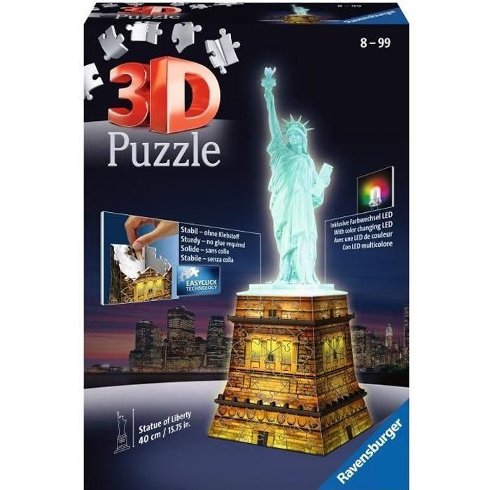RAVENSBURGER Puzzle 3D Estatua de la Libertad Edición Nocturna 108 piezas RAVENSBURGER Puzzle 3D Estatua de la Libertad Edición Nocturna 108 piezas