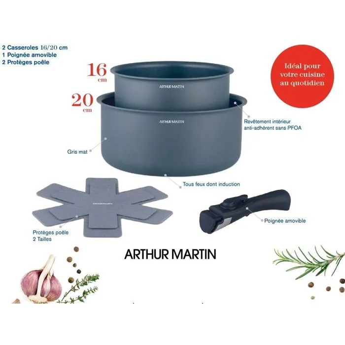 Arthur Martin Juego de 2 Cacerolas AM2984 Antiadherentes Aptas para Inducción Ø 16-20 cm con Mango Extraíble Gris Mate 1