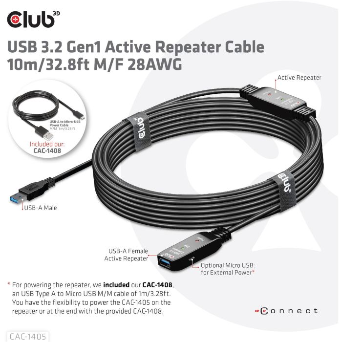 Club3D Cable de Extensión USB 3.2 Activo Tipo A Macho a Hembra 10m 5 Gbps 5