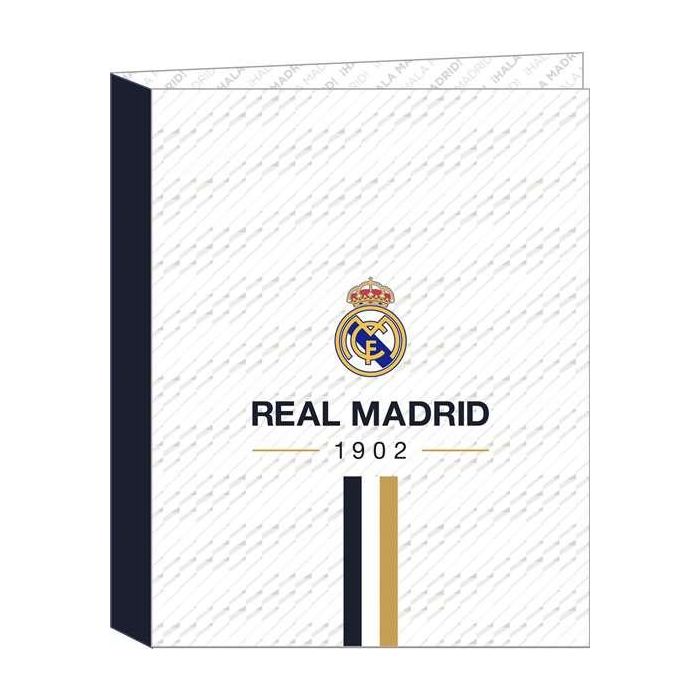 Safta Carpeta Folio 4 Anillas Real Madrid 1ª Equipación 23/24 - 26,5x33x4cm Blanca de Poliéster
