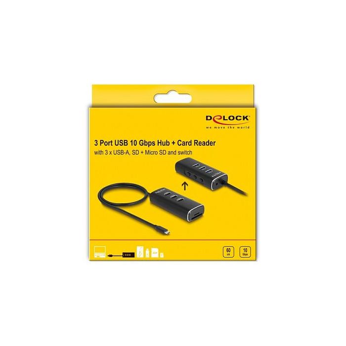 DeLOCK Hub USB 3.2 Gen 1 de 3 Puertos y Lector de Tarjetas SD/Micro SD, Conector USB-C, Cable 60 cm, 10 Gbps, Interruptor por Puerto, Negro 4 DeLOCK Hub USB 3.2 Gen 1 de 3 Puertos y Lector de Tarjetas SD/Micro SD, Conector USB-C, Cable 60 cm, 10 Gbps, Interruptor por Puerto, Negro 4