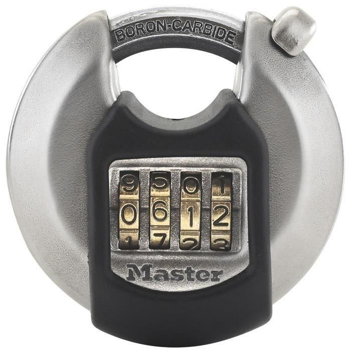 Master Lock Candado de disco de alta seguridad con combinación programable de 4 dígitos, 70mm Acero inoxidable, mango protegido octogonal 10mm boro