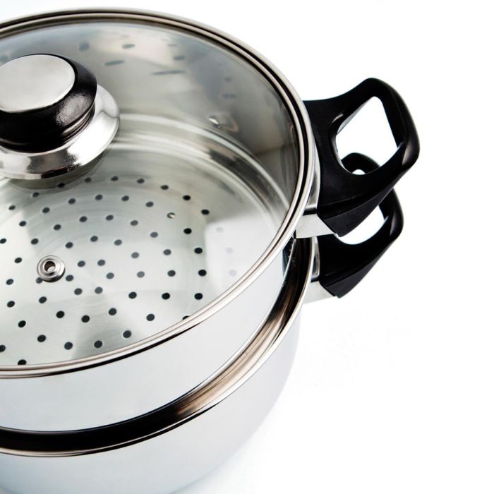 Quid Set Vaporera y Cacerola Acero Inoxidable Gastro Fresh 22 cm 3 Piezas Tapa Hermética Válvula Apto Lavavajillas 1