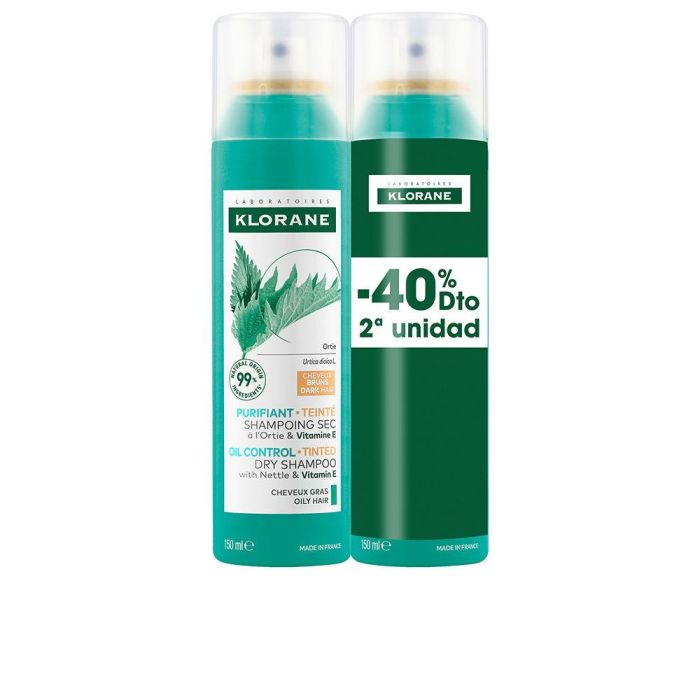 Klorane A La Ortiga Champú Seco Seborregulador Cabellos Castaño-Moreno Pack 2 X 150 mL