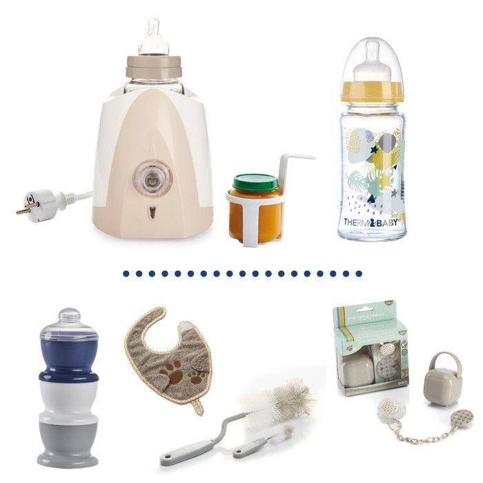 Calentador de biberon + botella de vidrio de 230 ml + botella de botella + caja de leche de leche + babero + caja de piruletas Calentador de biberon + botella de vidrio de 230 ml + botella de botella + caja de leche de leche + babero + caja de piruletas
