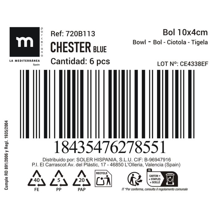 La Mediterranea Bol Snack Chester Blue 10 cm x 4 cm (24 Unidades)