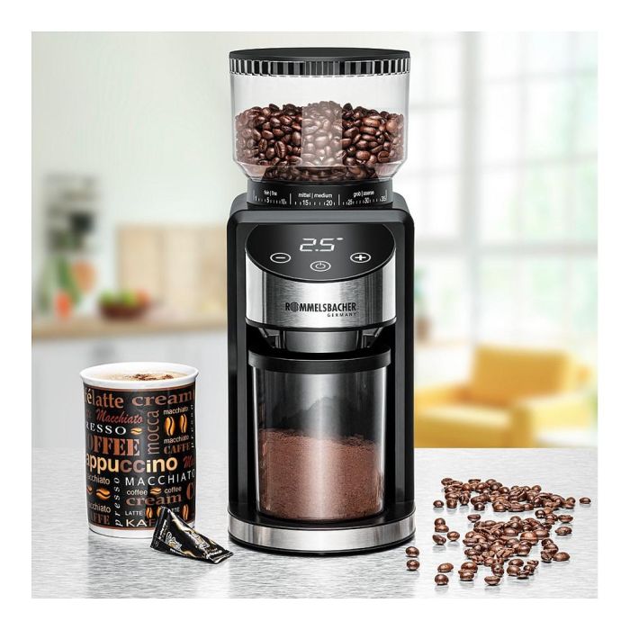 ROMMELSBACHER EKM 400 Molinillo de café eléctrico, 220g capacidad, muelas cónicas de acero inoxidable, 35 ajustes, color negro y acero 1
