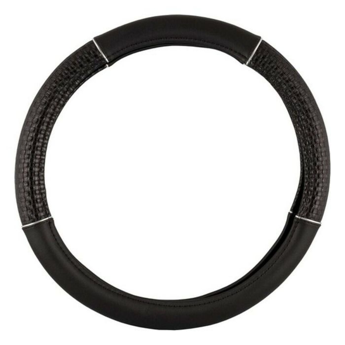 Funda para Volante de Coche Cs 6 con Inserto Negro y Cromo, FVO10123 - Cuero Genuino, Duradera, Costura Perfecta, Agarre Cómodo