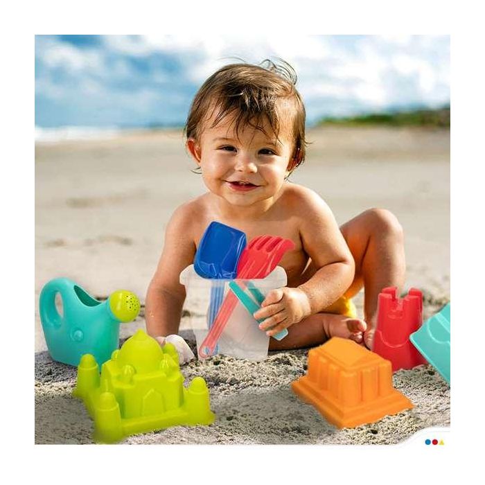 Cubo de playa castillo 18cm con palas 27cm, regadera y 5 moldes en bolsa 2 Cubo de playa castillo 18cm con palas 27cm, regadera y 5 moldes en bolsa 2