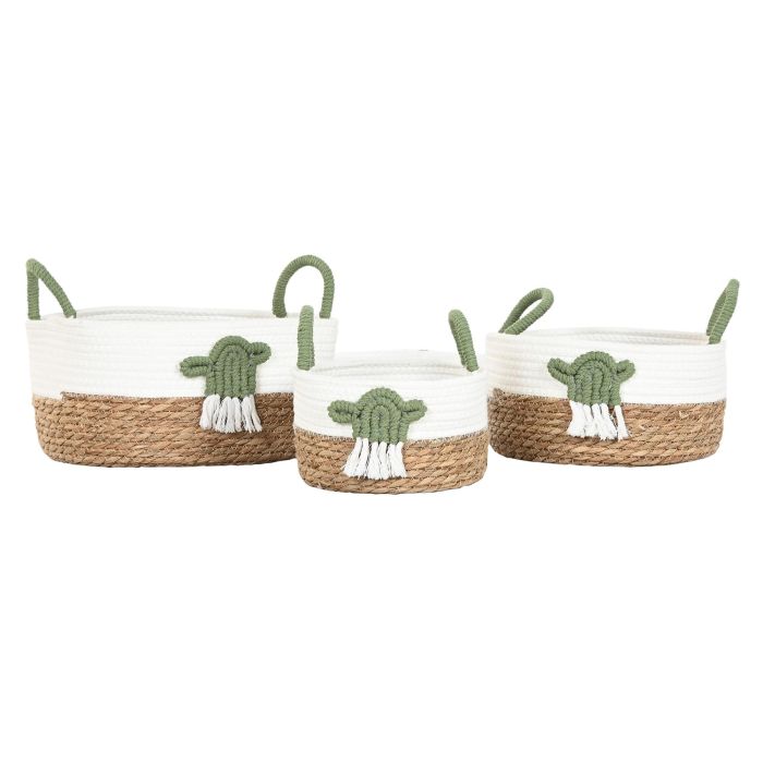 Cesta Boho DKD Home Decor Blanco Verde 30 x 15 x 30 cm Set de 3 (2 Unidades) 3