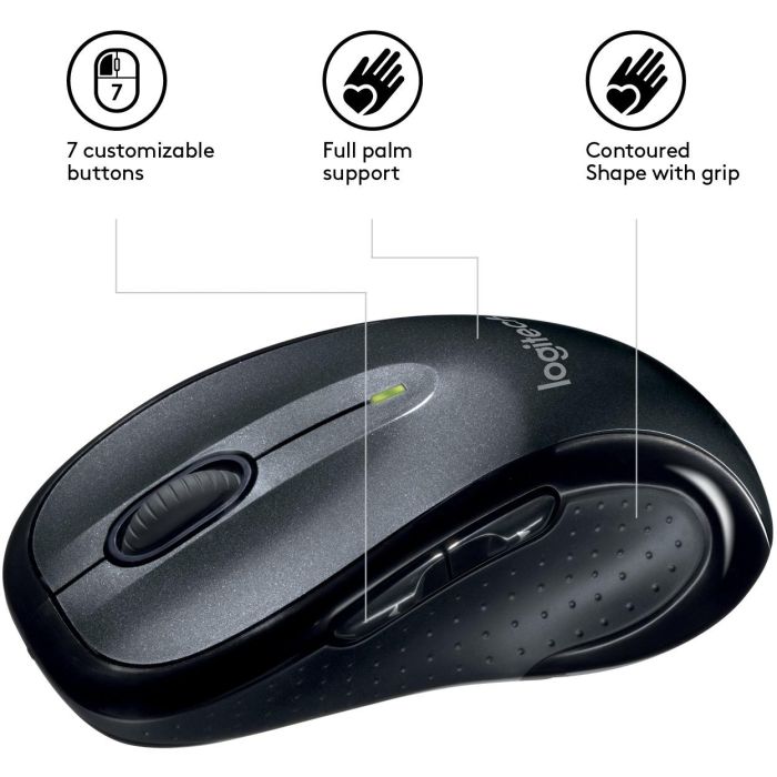 Logitech M510 Ratón Inalámbrico Láser Negro, Diseño Ergonómico Full-Size, Desplazamiento Lateral, Botones Programables, Receptor Unifying 4