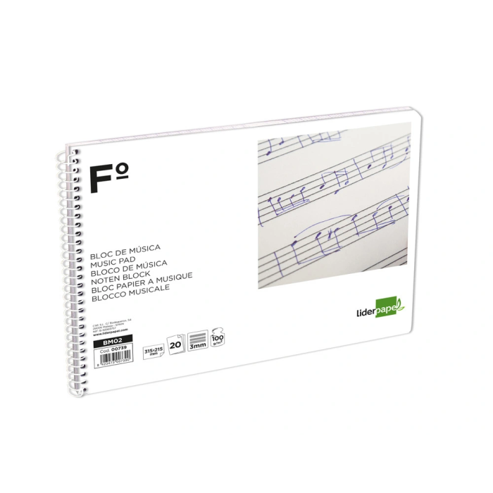 Liderpapel Bloc música pentagrama 3mm folio apaisado 100 g/m2 20 hojas 6