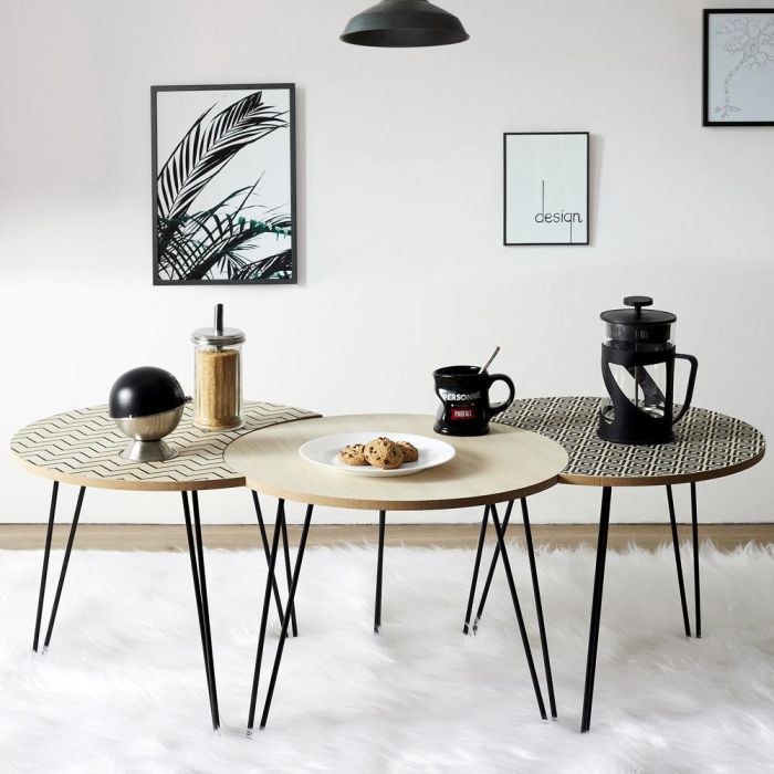 Home Deco Factory Juego 3 Mesas Auxiliares Puzzle Madera Metal 1