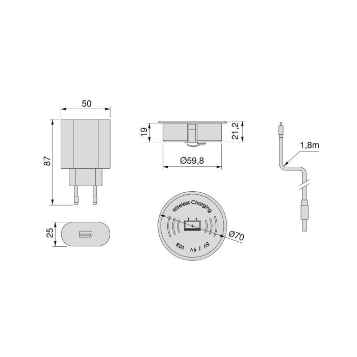 Emuca Cargador inalámbrico de superficie para móviles Airtop 2 con USB A, D.60mm, 5V DC / 2.1A (USB-10W/Qi-10W), Plástico, Negro 4