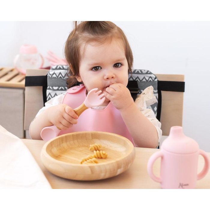 Set Vajilla Silicona Y Bambú Rosa Con Cuchara-Tenedor 1 Set Vajilla Silicona Y Bambú Rosa Con Cuchara-Tenedor 1